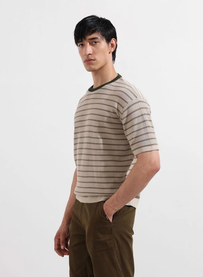 The Indian Garage Co Men Oversized Fit Textured Crew Neck Half Sleeves T-Shirt